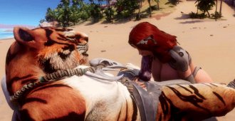 Tiger Beast gets a blowjob from red hair slut